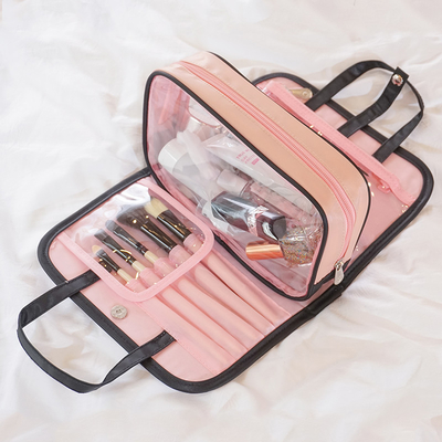 Tas Kosmetik Tahan Air Hitam Merah Muda Lipat Tas Perlengkapan Mandi Plastik Bening Makeup