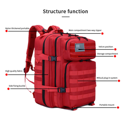 Ransel Laptop Perjalanan Taktis Poliester Merah 45L Ransel Militer Luar Ruangan