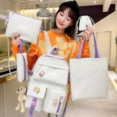 Tas Sekolah Anak Perempuan Set Kanvas 5 Buah Ransel Set Tas Pensil Selempang ODM
