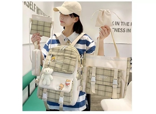 Ransel Sekolah Siswa 42cm Set Indah Pencetakan Grid 5 Buah Ransel