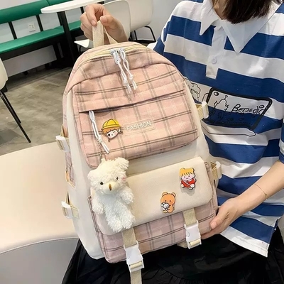 Ransel Sekolah Siswa 42cm Set Indah Pencetakan Grid 5 Buah Ransel
