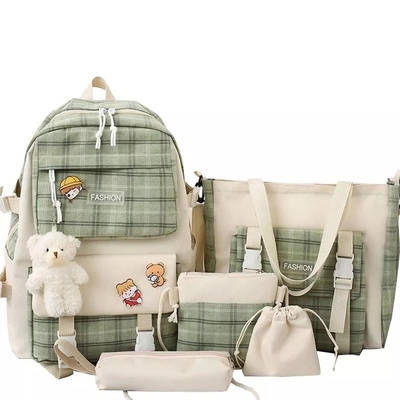Ransel Sekolah Siswa 42cm Set Indah Pencetakan Grid 5 Buah Ransel