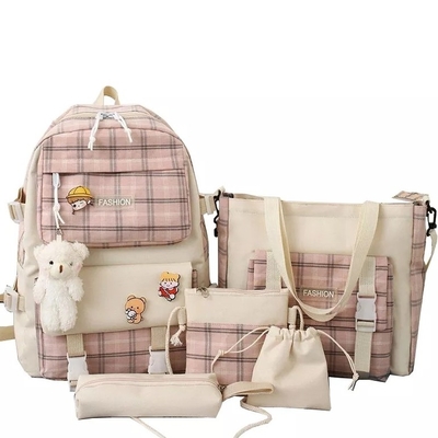 Ransel Sekolah Siswa 42cm Set Indah Pencetakan Grid 5 Buah Ransel