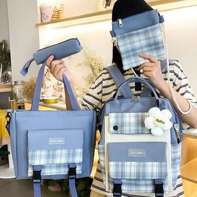 Tas Sekolah Wanita Kanvas Set Dompet Buku Lucu Tahan Air Sekolah