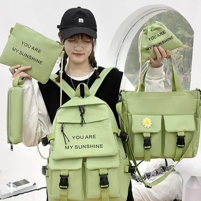 Tas Sekolah Ransel Laptop Travel Set Gadis Warna Solid Dengan Kotak Pensil Grosir