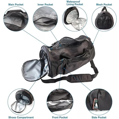 Polyester Anti Theft Travel Bag Gym Bag Dengan Kompartemen Sepatu Saku Basah